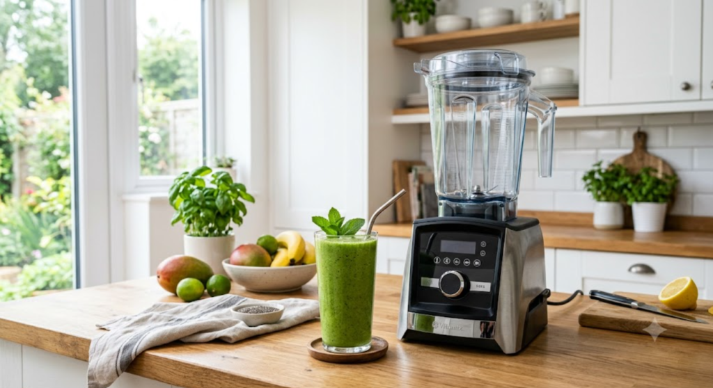 Fresh smoothie prepared with a countertop blender.