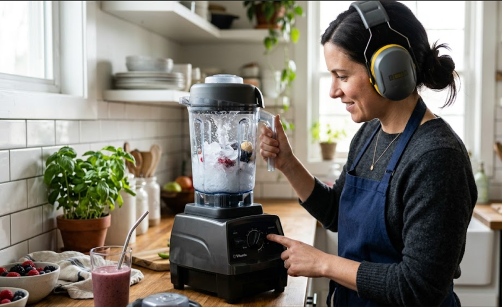 Powerful blender crushing ice during operation.