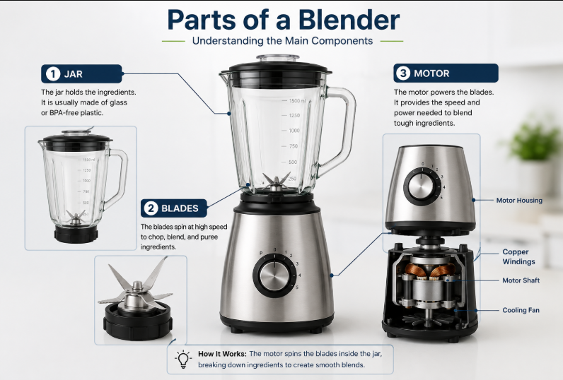 Illustration showing how a kitchen blender works.
