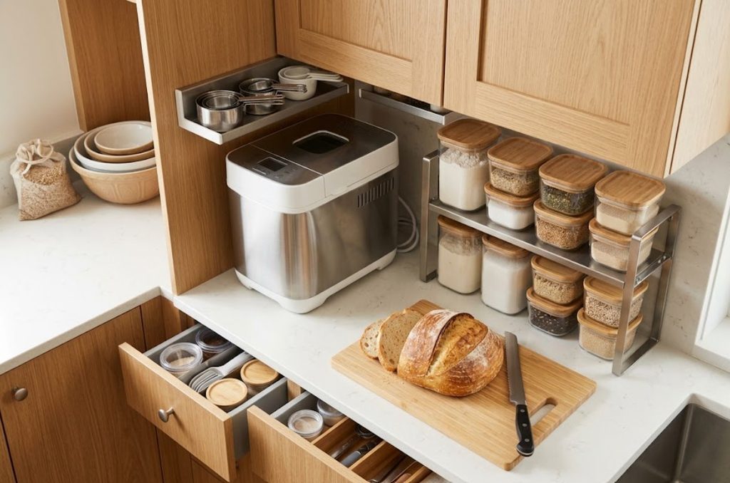 Space-saving countertop arrangement with a compact bread maker for a small kitchen