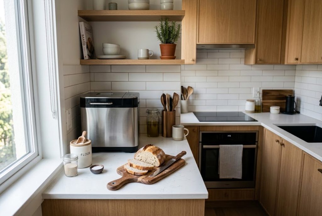 Compact bread maker fitting efficiently on a small kitchen counter