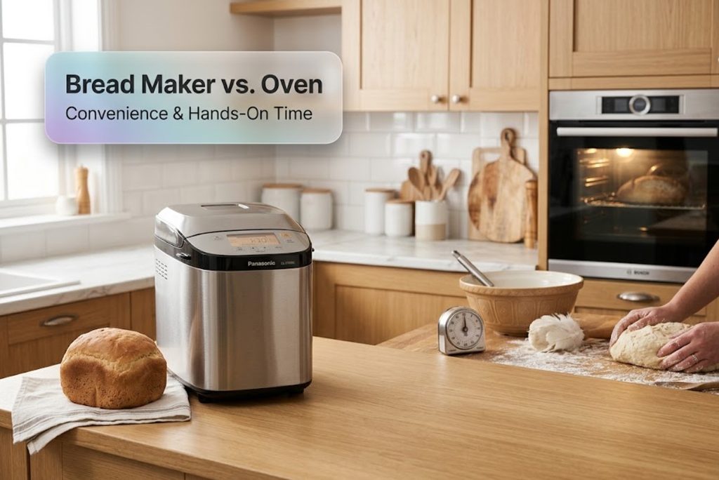 Bread Maker vs. Oven showing automated convenience and hands-on bread preparation time