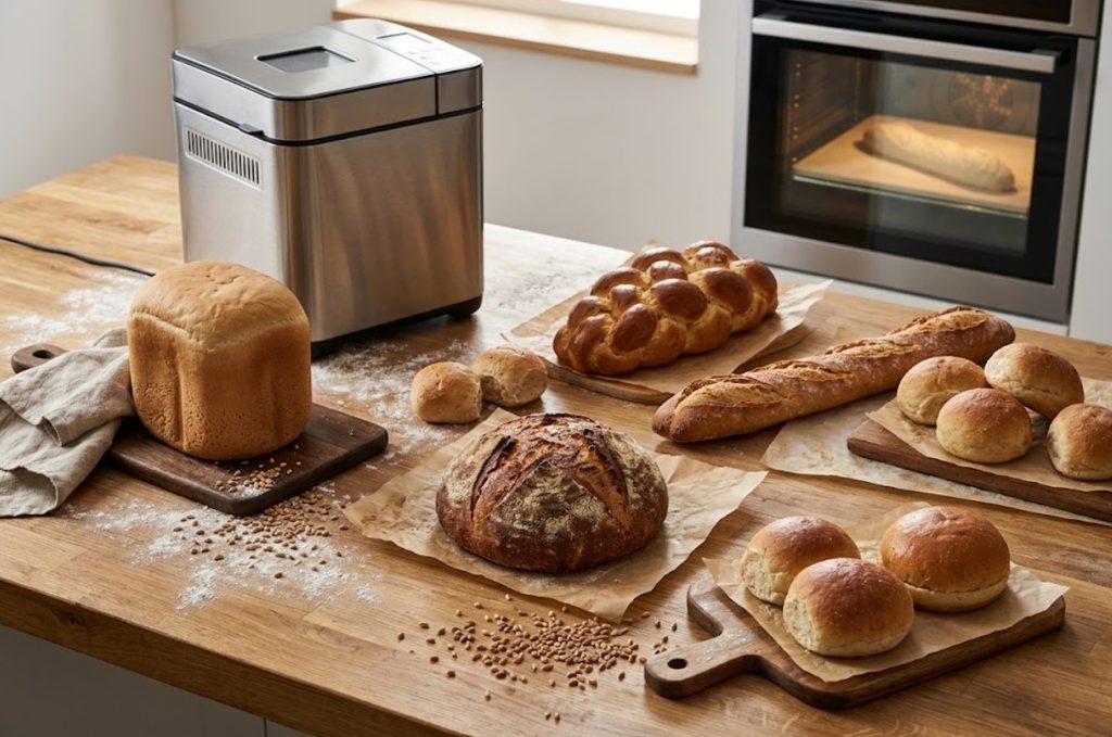 Rectangular bread maker loaf compared with different bread shapes made in an oven