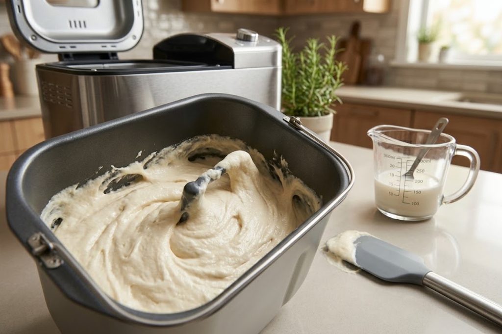 Gluten-free bread dough with the correct liquid-to-flour consistency in a bread maker