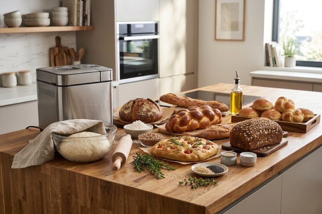 Bread maker and oven surrounded by different homemade breads showing recipe flexibility