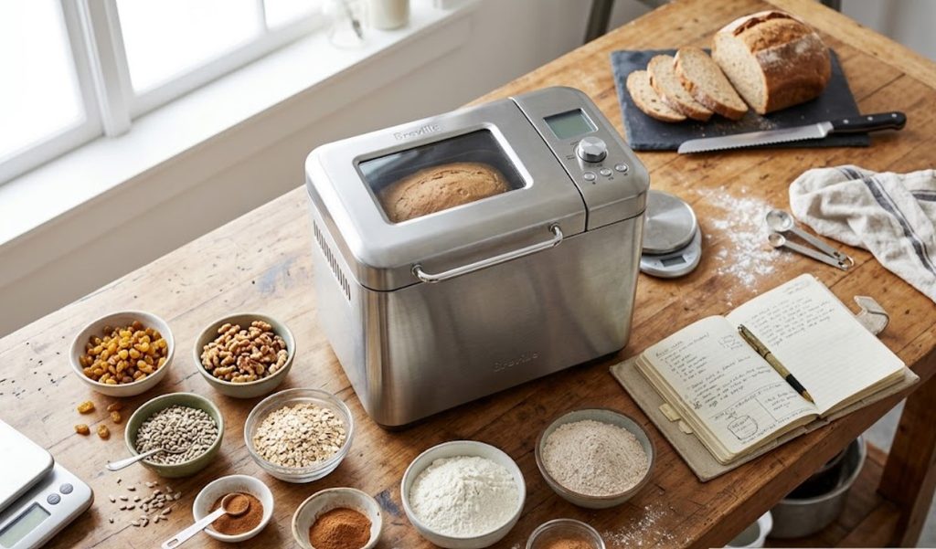Best Bread Makers for Beginners: Breville Custom Loaf bread maker with baking ingredients