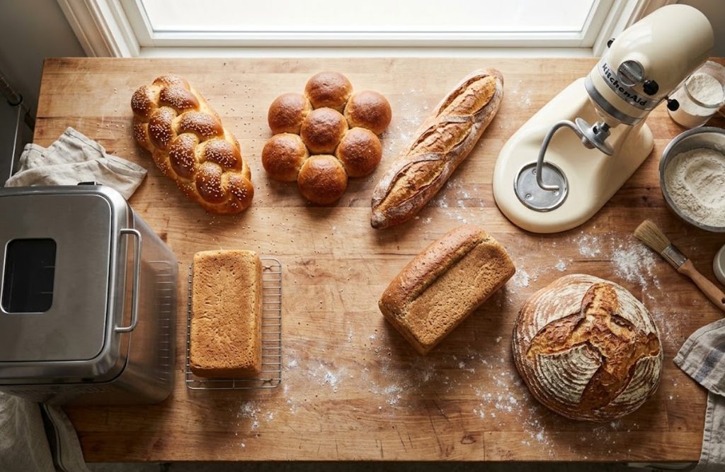 Different bread shapes prepared with a stand mixer compared with a bread maker loaf
