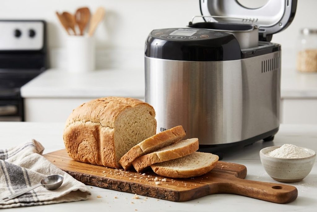 Elite Gourmet EBM8103 bread maker with homemade bread on a kitchen counter