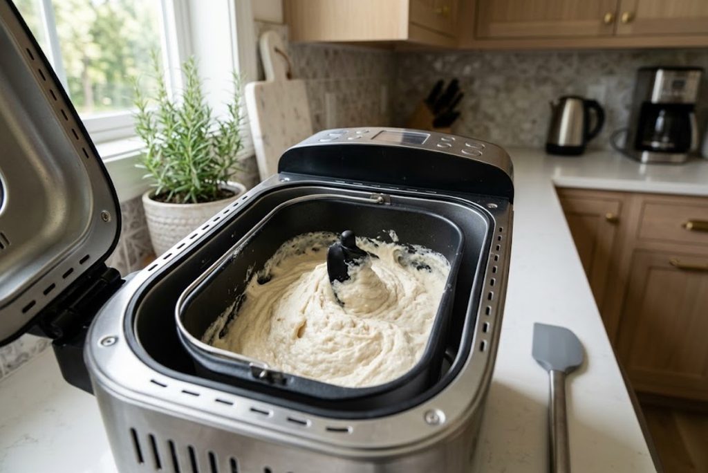 Checking gluten-free bread dough during the first mixing stage in a bread maker