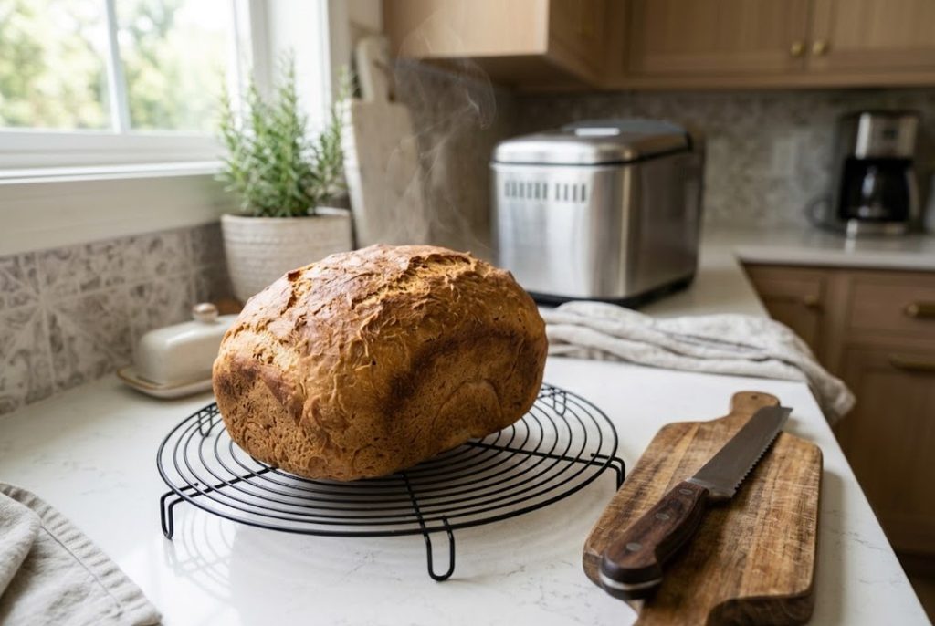 Freshly baked gluten-free bread cooling on a wire rack before slicing